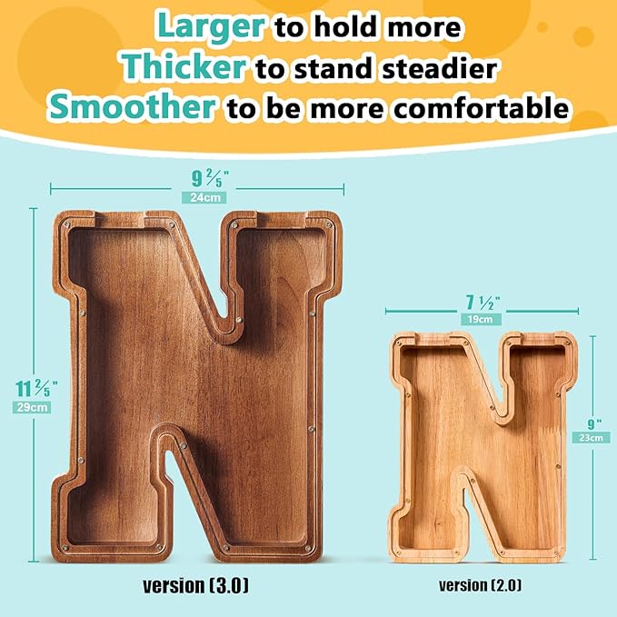 Summidate Customized Name Extra Large Wooden Piggy Bank for Kids Boys Girls Alphabets Letter A-Z Coins Bills Money Change Saving Box Clear Cover (Laser Engraved) Educational Toys 12"- Letter M