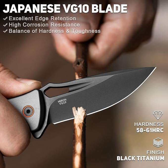 NedFoss Heron Pocket Knife for Men, 2.95" Japanese VG10 Steel Blade Button Lock EDC Knife with Lightweight G10 Handle w/Aluminum Bolster, Folding Utility Knife for Camping, Hunting, Survival Use
