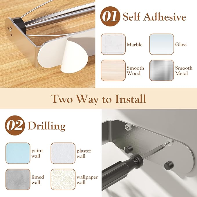 Paper Towel Holder Under Cabinet + Towel Robe Hooks, Single Hand Operable Under