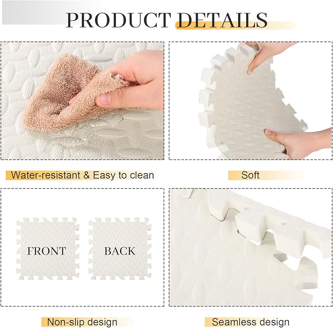 12 Tiles 12x12x1 inch EVA Interlocking Foam Floor Tiles Puzzle Exercise Mat Play Foam Mats for Boys Girls Baby Pets Home Classroom Nursery Gym (White)