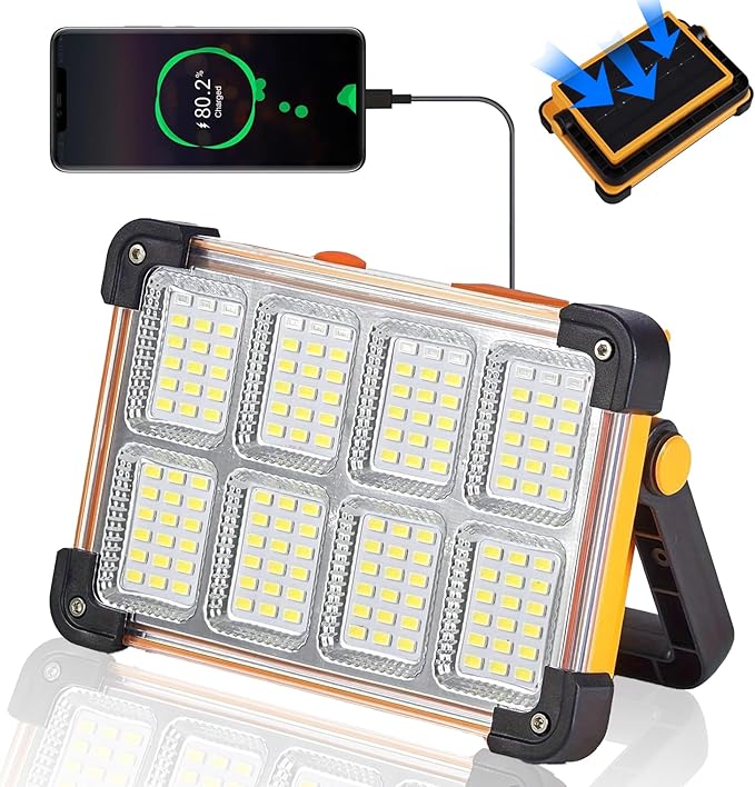120W Solar Rechargeable Work Light, 144 LED 10000LM Portable Flood Light with Stand, IP66 Waterproof 4 Modes LED Job Site Lighting Flashlights for Mechanic Camping Fishing Car Repair