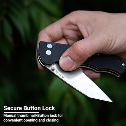 Pocket Folding Knife - 3.39" D2 Sheepsfoot Blade Stonewashed Finish - G10 Handle with Thumb Stud - EDC Knife for Men Women - Camping Hiking Survival Prepper