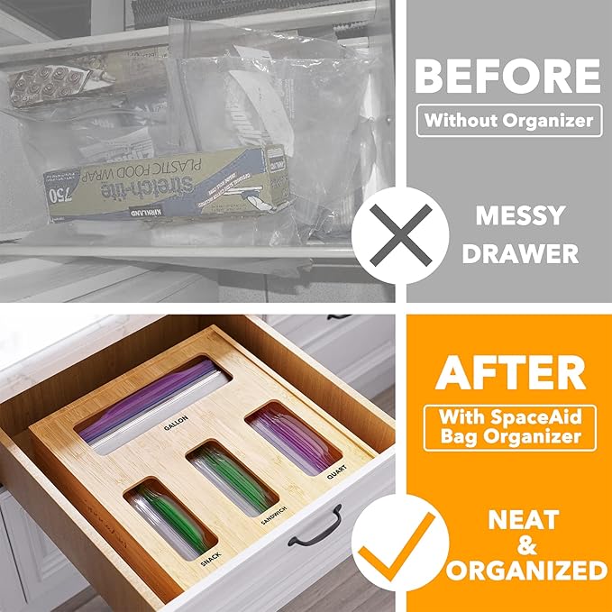 SpaceAid Bag Storage Organizer for Kitchen Drawer, Bamboo Organizer, Compatible