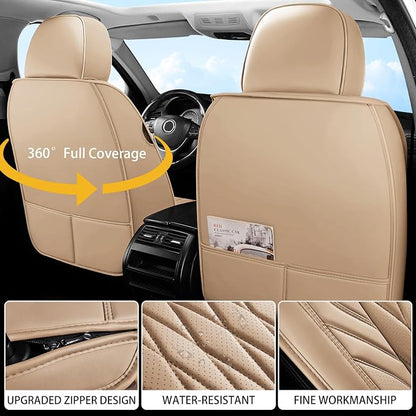 WELLDO Nappa Faux Leather Car Seat Covers Full Set, Beige | Waterproof, Non-Slip Seat Protector, 0.28in Thickened Cushion, Airbag Compatible, Universal for Cars SUV Truck Pickup