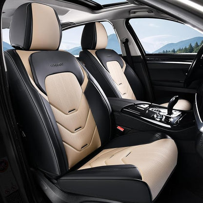 Coverado Car Seat Covers Full Set, Leather Seat Cover for Car, Front and Back Seat Covers, Black & Beige Car Seat Protector, Waterproof Car Seat Cushion Automotive Seat Cover Universal for Most Cars