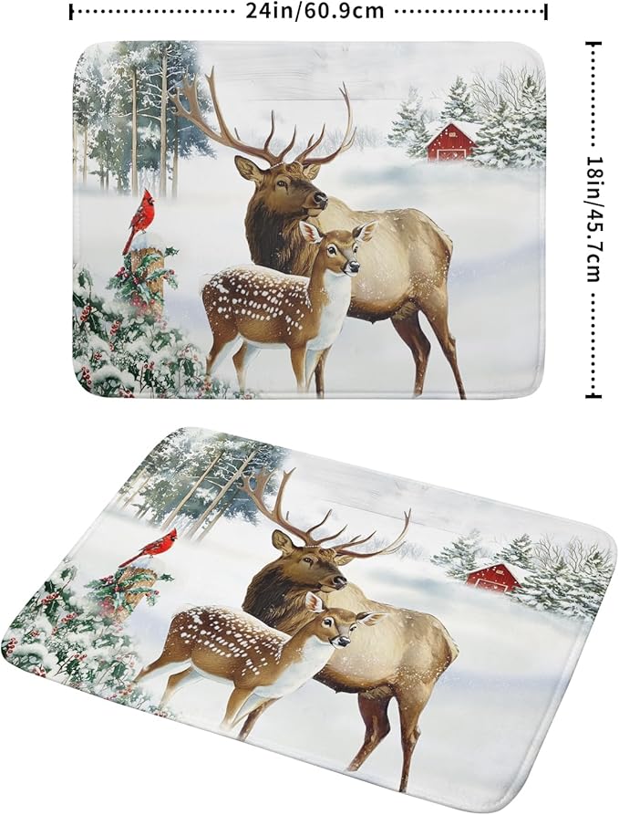 Giwawa Winter Deer Dish Drying Mat 18"x24" Xmas Tree Bird Holly Berry Dish