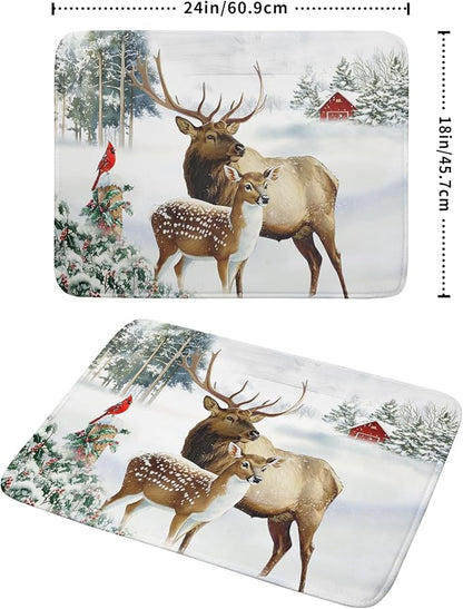 Giwawa Winter Deer Dish Drying Mat 18"x24" Xmas Tree Bird Holly Berry Dish
