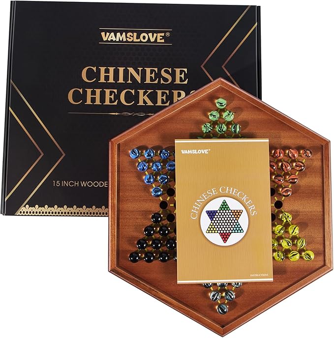 VAMSLOVE Chinese Checkers 15" Large Upgraded Version Wooden Game Board, 16mm 60+12 Colorful Glass Marbles, Easy Grasping for Adults and Kids, w/Storage Drawer, Fun for Family Gathering