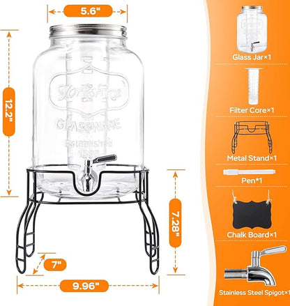 2 Gallon Large Glass Drink Dispenser Set, Beverage Dispensers