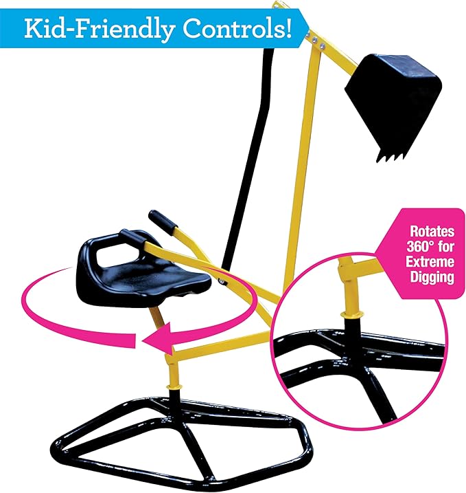Ride on Crane Digger w Safer Stabilizing Base- Kids Outdoor Digging Excavator Play Toy-100lb Capacity- Swing & Scooper Grab Function, 360 Degrees Rotation Seat- Backyard Sandbox, Dirt, Snow- Xmas Gift