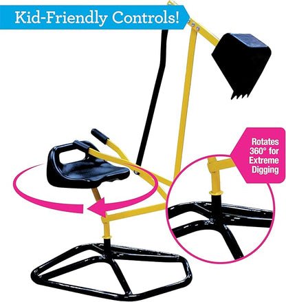 Ride on Crane Digger w Safer Stabilizing Base- Kids Outdoor Digging Excavator Play Toy-100lb Capacity- Swing & Scooper Grab Function, 360 Degrees Rotation Seat- Backyard Sandbox, Dirt, Snow- Xmas Gift