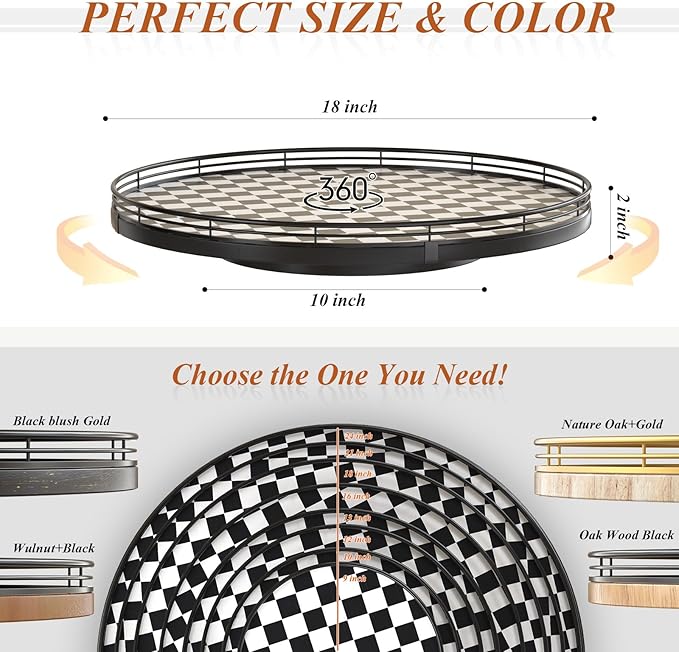 18" Black and White Kitchen Lazy Susan Turntable, Round Checkered Decorative