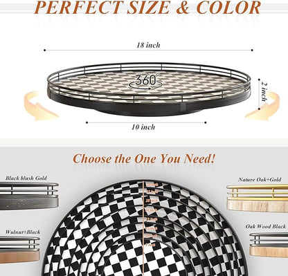 18" Black and White Kitchen Lazy Susan Turntable, Round Checkered Decorative