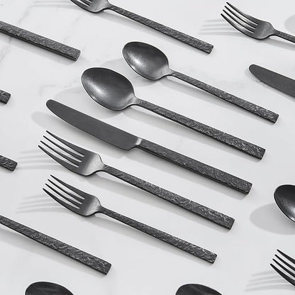 KINGSTONE 60 Pcs Black Hammered Silverware Set for 12, 18/10 Stainless Steel Heavy Duty Flatware Set, Tableware Cutlery Utensil Sets for Home Restaurant Dishwasher Safe