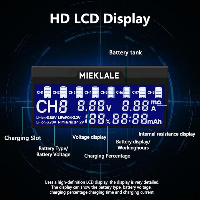 18650 Battery Charger, MIEKLALE 8+2 Bays Smart Universal Battery Charger