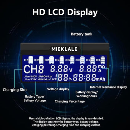 18650 Battery Charger, MIEKLALE 8+2 Bays Smart Universal Battery Charger