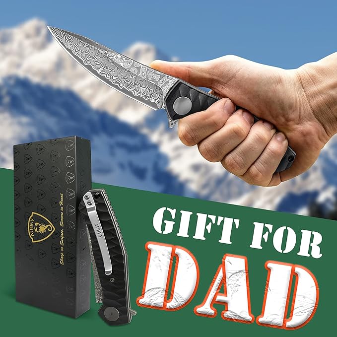 AUBEY Damascus Pocket Knife for Men with Clip EDC, 3.23" VG10 Core Damascus Steel Blade Folding Knife with Black Aluminum Handle, Sharp Camping Knife