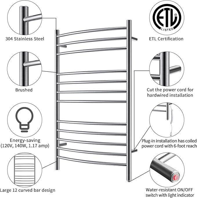 HEATGENE Towel Warmer Wall Mount Electric Plug-in/Hardwired Heated Towel Rack