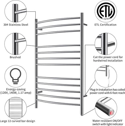 HEATGENE Towel Warmer Wall Mount Electric Plug-in/Hardwired Heated Towel Rack