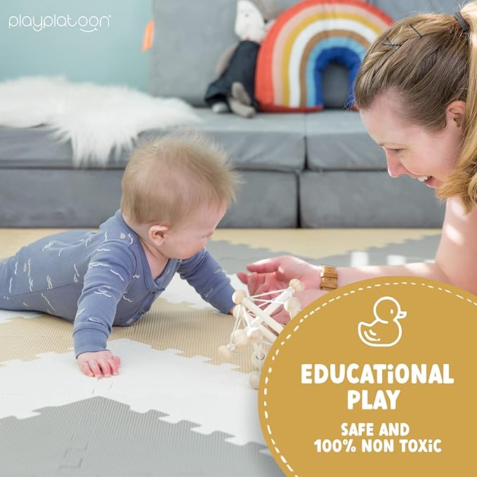 Play Platoon Non-Toxic Extra-Thick 96 Piece Triangle Play Mat - Comfortable 6x6ft Cushiony Foam Floor Puzzle Exercise Mat for Kids & Toddlers - Sand, Gray & Cream