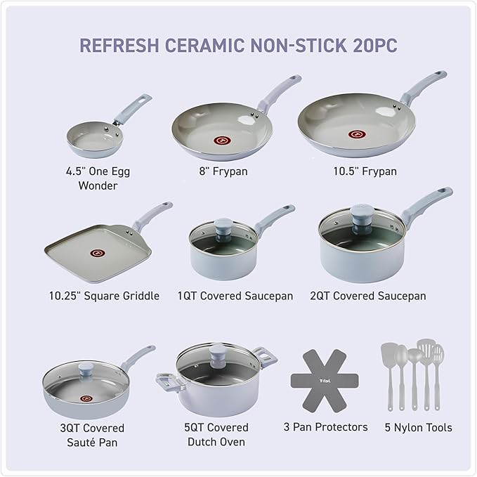 T-Fal Refresh Ceramic Nonstick Cookware Set, Oven Safe to 350°F, Includes