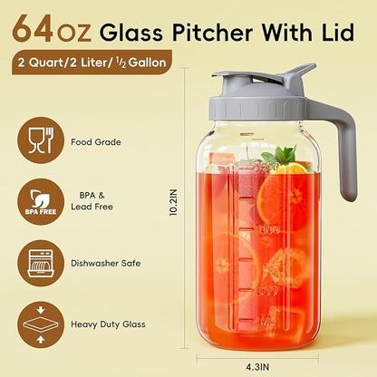Glass Mason Jar Pitcher, 64 oz Wide Mouth Jug