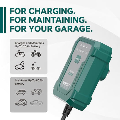 VEBU Motorcycle Trickle Charger 800mA Smart Battery Charger & Maintainer