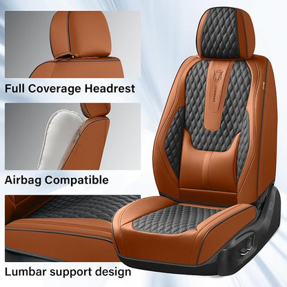 Coverado Car Seat Covers Full Set, Nappa Leather Seat Covers for Car, Waterproof Car Seat Protector with Lumbar Support, Automotive Seat Covers Universal Fit for Most Cars SUV Trucks (Brown-Black)