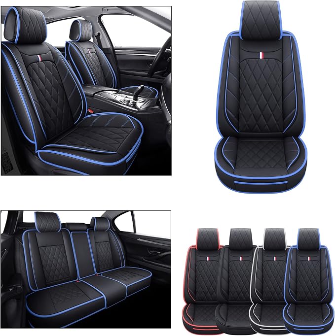 Aierxuan Car Seat Covers Full Set Waterproof Leather Compatible with Toyota Highlander Corolla Prius Camry Rav4 Mdx Chevy Blazer Cobalt Trailblazer Cruze Equinox Malibu Buick, Black-Blue