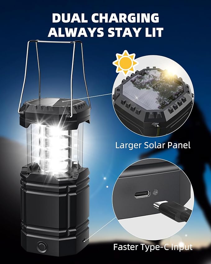4 Pack Solar Camping Lantern with 1600mAh Rechargeable Battery, 30-Hour Runtime, 360° LED Tent Light & Super Bright Flashlight, Compact & Portable for Hiking, Emergency, Outdoor