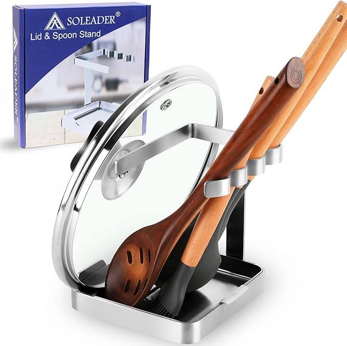 SOLEADER Pot Lid Holder While Cooking, 2 in 1 Stainless Steel Upright Spoon Rest