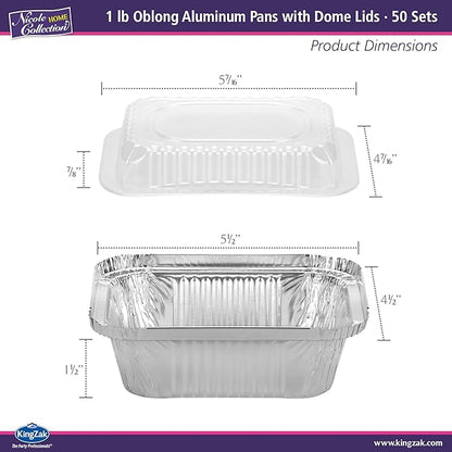 Aluminum Pans With Plastic Dome Lids - 50 Count - 1LB Oblong Pans (5"x4")- To Go Containers With Lids - Disposable Tin Foil Pans - Perfect For Catering, Meal Prep, Baking, Freezer Safe