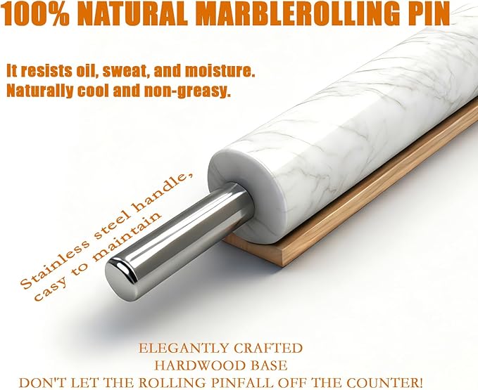 White Marble Rolling Pin with Stainless Steel Handles Baking Set