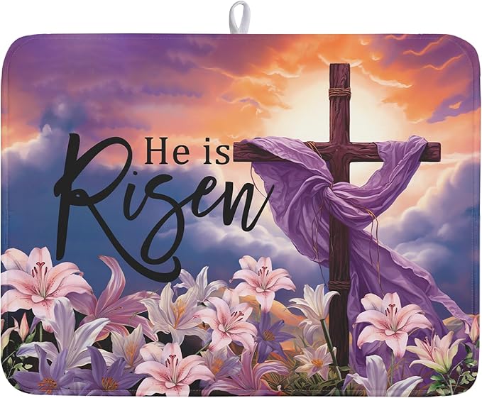Easter Cross He is Risen Dish Drying Mats 18x24 Inch Spring Drying Mat
