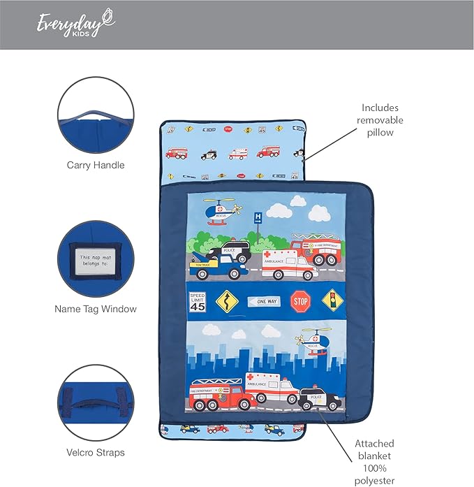 EVERYDAY KIDS Toddler Nap Mat with Removable Pillow -Fire Police Rescue- Carry Handle Fastening Straps Closure, Rollup Design, Soft Microfiber for Preschool, Daycare, Sleeping Bag -Ages 2-6 years