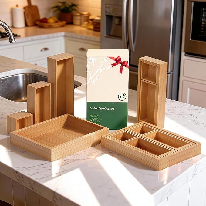 Bamboo Drawer Organizer 14 Pcs for Kitchen Multi-purpose Storage Dividers for