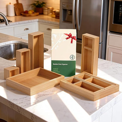 Bamboo Drawer Organizer 7 Pcs for Kitchen Multi-purpose Storage Dividers for