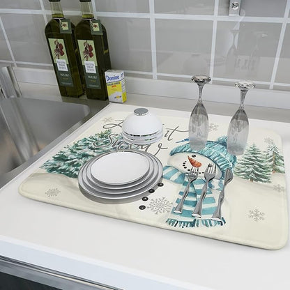 Giwawa Blue Snowman Dish Drying Mat Xmas Trees Bird Winter Snowy Scene Dish
