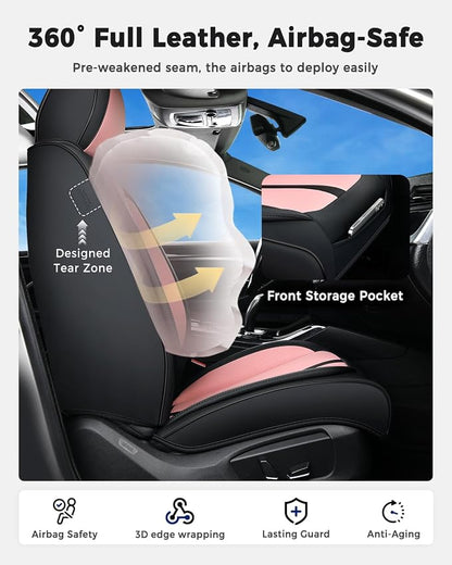 Huidasource Seat Covers Full Set Luxury Nappa Leather, Seat Covers with Velcro Adjustable, Airbag, Lumbar Support, Cooling＆Heating, Car Seat Cover Set Universal Fit for Most Cars SUV Trucks Black＆Pink