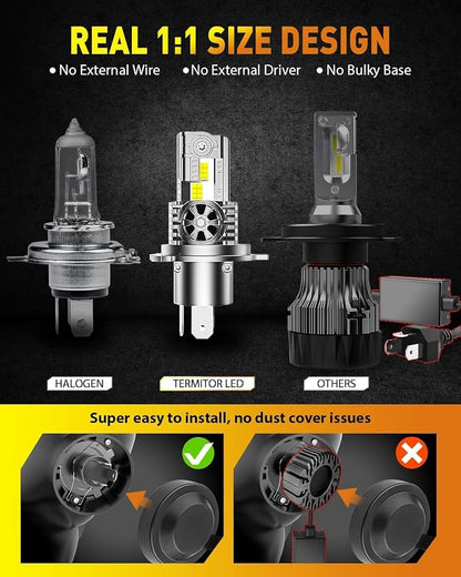 Termitor Latest H4 9003 Fog Light Bulb, HB2 Halogen for Off-road only | 50K Lumens, 6500K Daylight White, No Adapter Required, Easy Install, 70,000hrs+ Lifespan, IP68, 1: 1 size, Pack of 2