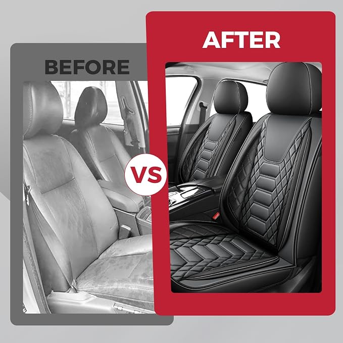 FREESOO Car Seat Covers Front Only 2pcs, Leather Driver Seat Cover Protector Airbag Compatible Universal Fit for Sedan SUV Pick-up Truck Van (Black Grey 8-2PCS)