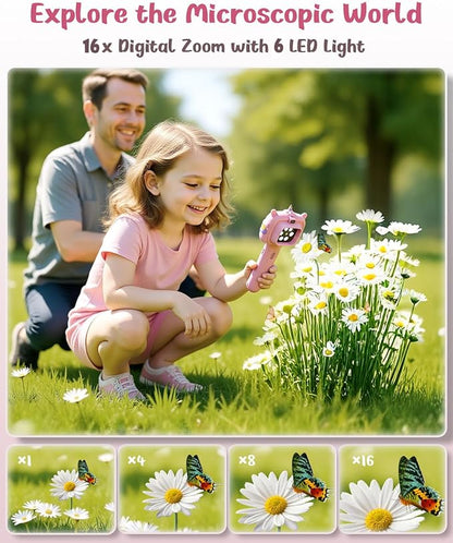 Microscope Camera for Kids Gifts Toys- Handheld Pocket Microscopes with 2.4" Screen and Autofocus - Mini Digital Educational Science Kit for Christmas Birthday for Age 3-5 5-7 8-12 Girls Boys(Pink)