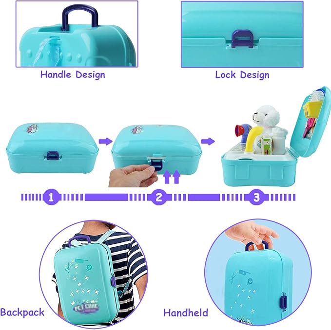 TEUVO Pet Care Play Set Doctor Kit for Kids, 16 Pcs Doctor Pretend Play Vet Dog Grooming Toys Puppy Dog Carrier Feeding Dog Backpack Gifts for Girls Boys 3-7 Years Old