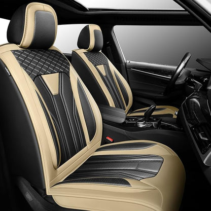 Fit Patriot Car Seat Covers for Jeep Patriot 5 Seats 2007-2016 2017 -Premium Leather, Waterproof & Breathable，All-Weather Seat Cushion Protecto & Airbag Compatible, 2 Front Seat Beige & Black