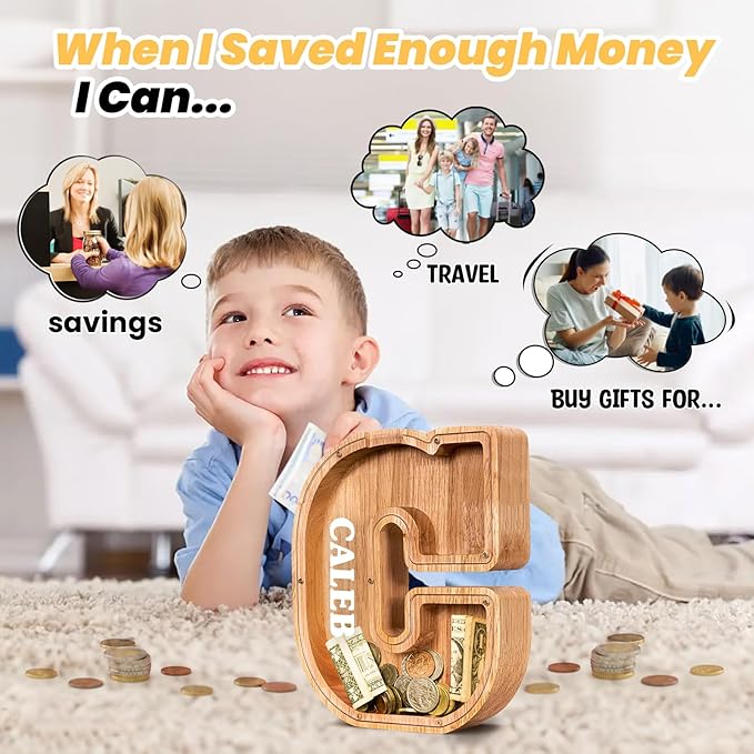 KMC Wooden Letter Piggy Bank, Personalized Initial Piggy Bank for Kids Boys, Clear Alphabet C Wood Money Box, Unbreakable Coin Saving Jar, Birthday, for Children