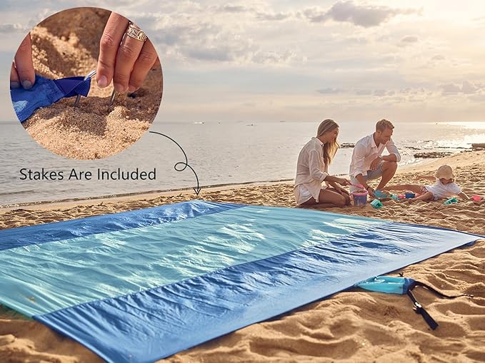 WEKAPO Beach Blanket Sandproof Waterproof, Extra Large Beach Mat, Oversized & Compact Sand Free Mat Quick Drying, Lightweight & Durable with Stakes & Corner Pockets