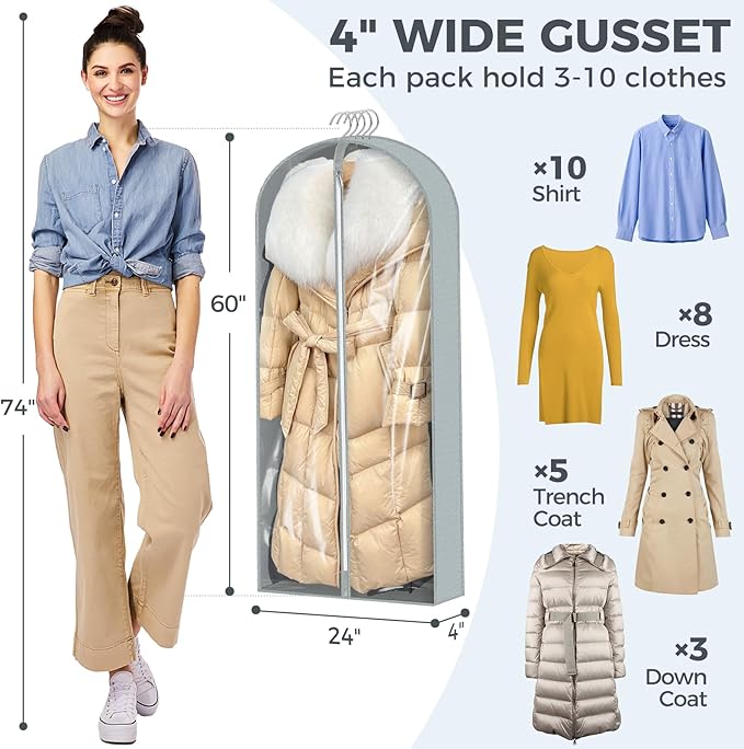 6 Pcs 60" Garment Bags for Hanging Clothes, Garment Bags Shoulder Covers