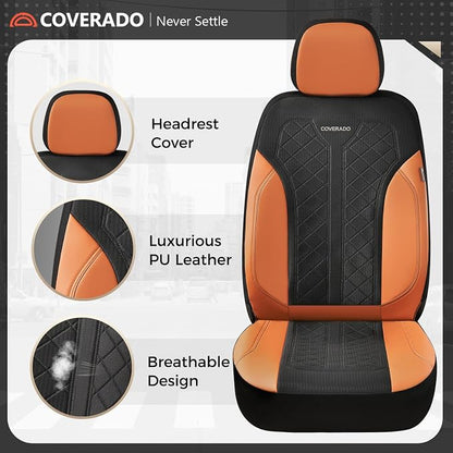 Coverado Seat Covers Full Set, Brown Car Seat Covers, PU Leather & Breathable Mesh Seat Protectors, 5-Piece Automotive Seat Covers, Universal Fit for SUVs, Trucks, Sedans
