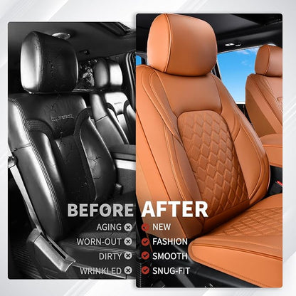 Huidasource Front Truck Seat Covers Fit for Ford F150 2015-2025&F250 F350 F450 2017-2025 All Cab XL XLT Lariat King Ranch Platinum, Waterproof Leather Automotive Car Seat Cover(Front Pair/Brown)