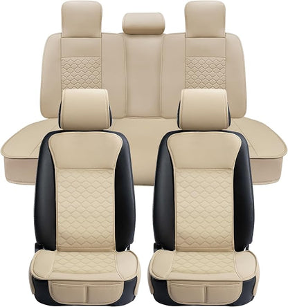 Elantrip Car Seat Cover Full Set Leather Car Seat Protector Universal fit for Most Cars SUVs and Trucks Water Proof Front and Rear Seat Protector Beige